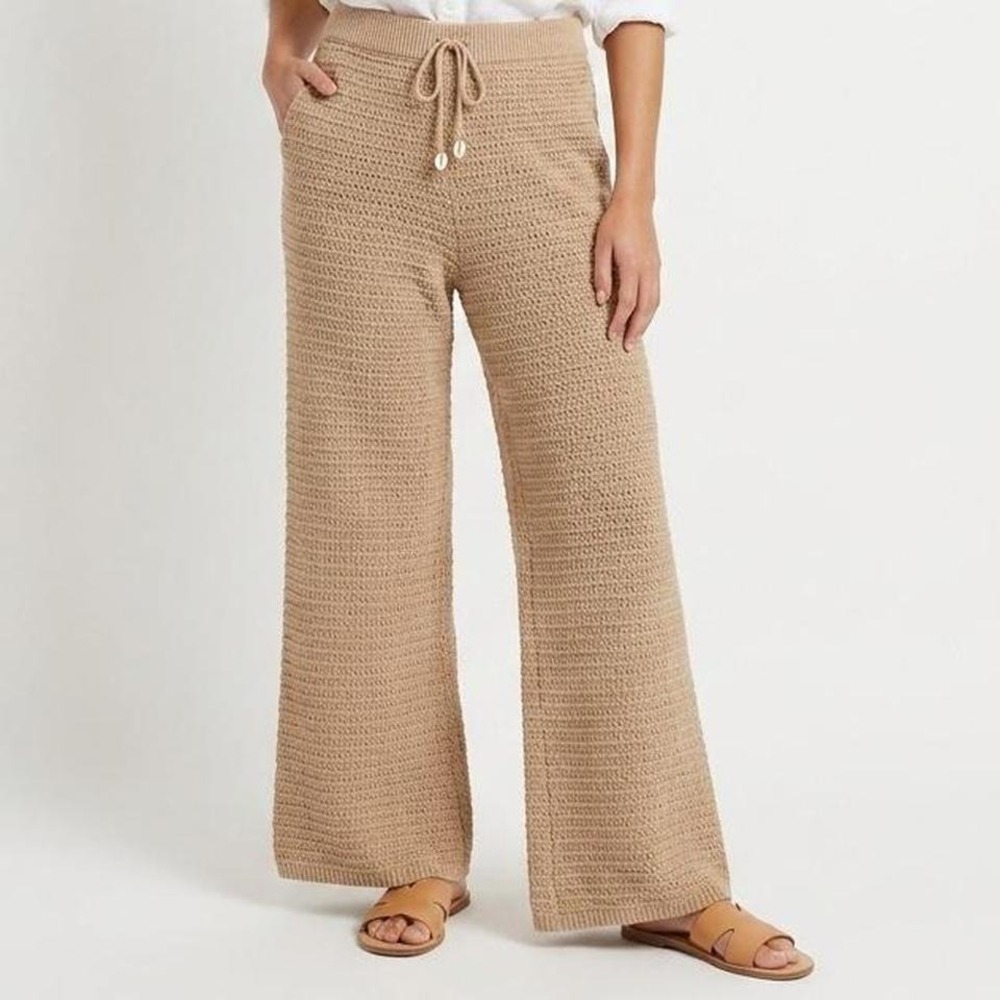 Sincerely Jules Beige Tan Knit Wide Leg Pants Loungewear Beach Cozy